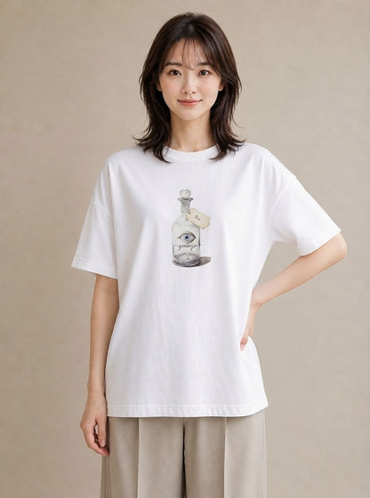 Tシャツ レディース ガラス瓶 小枝 ボタニカル ナチュラル アンティーク イラスト カジュアル 自分用 ルームウェア 白T YMAZO