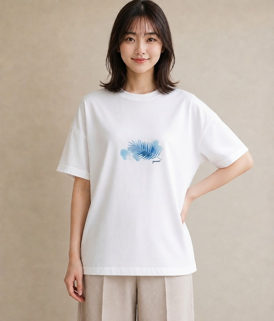 プリントTシャツ レディース シダ 植物 ボタニカル イラスト 淡色 カジュアルコーデ 買い物 白T YMAZO