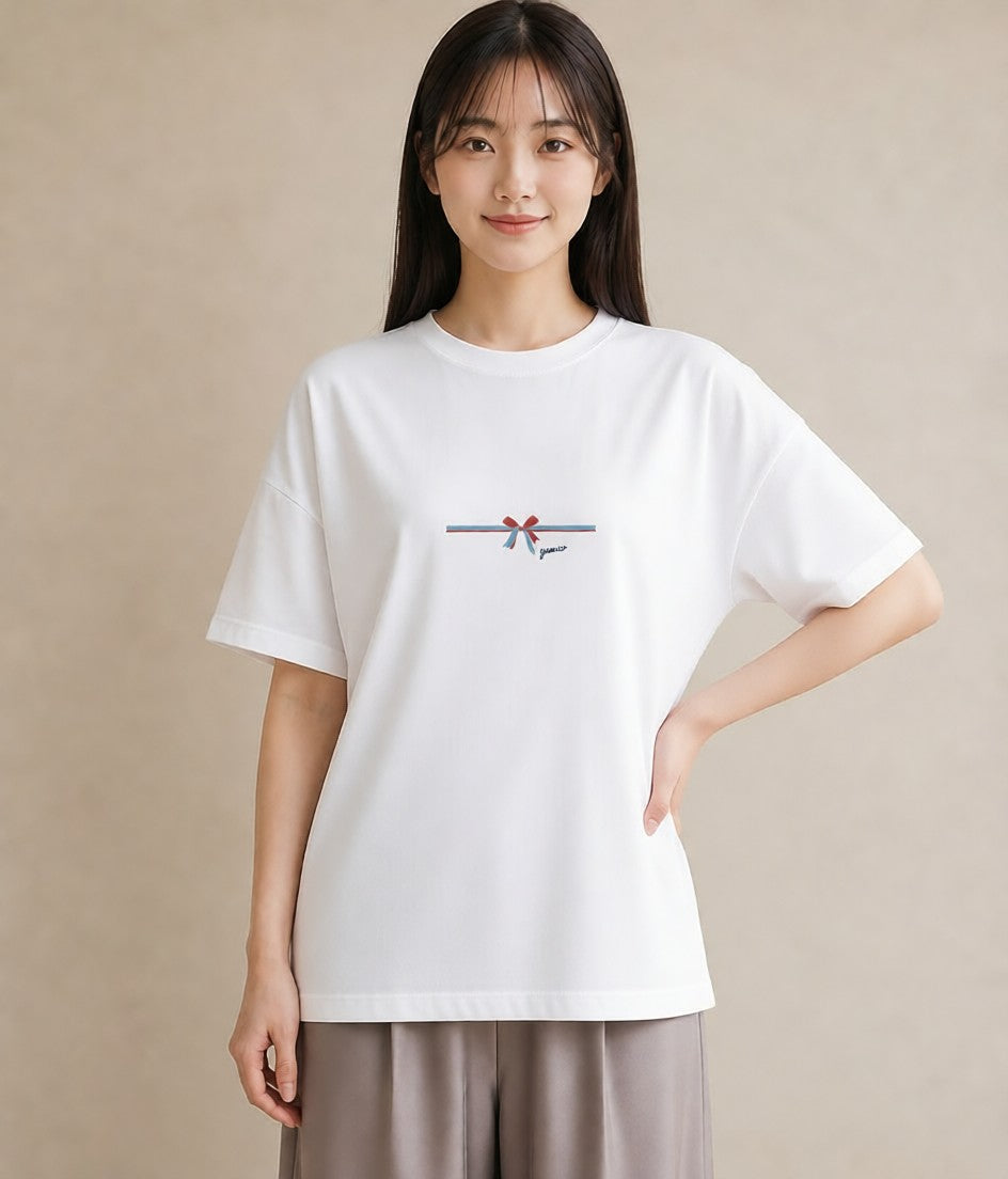 プリントTシャツ レディース リボン ボウ りぼん イラスト 普段使い 通勤 在宅 白T YMAZO