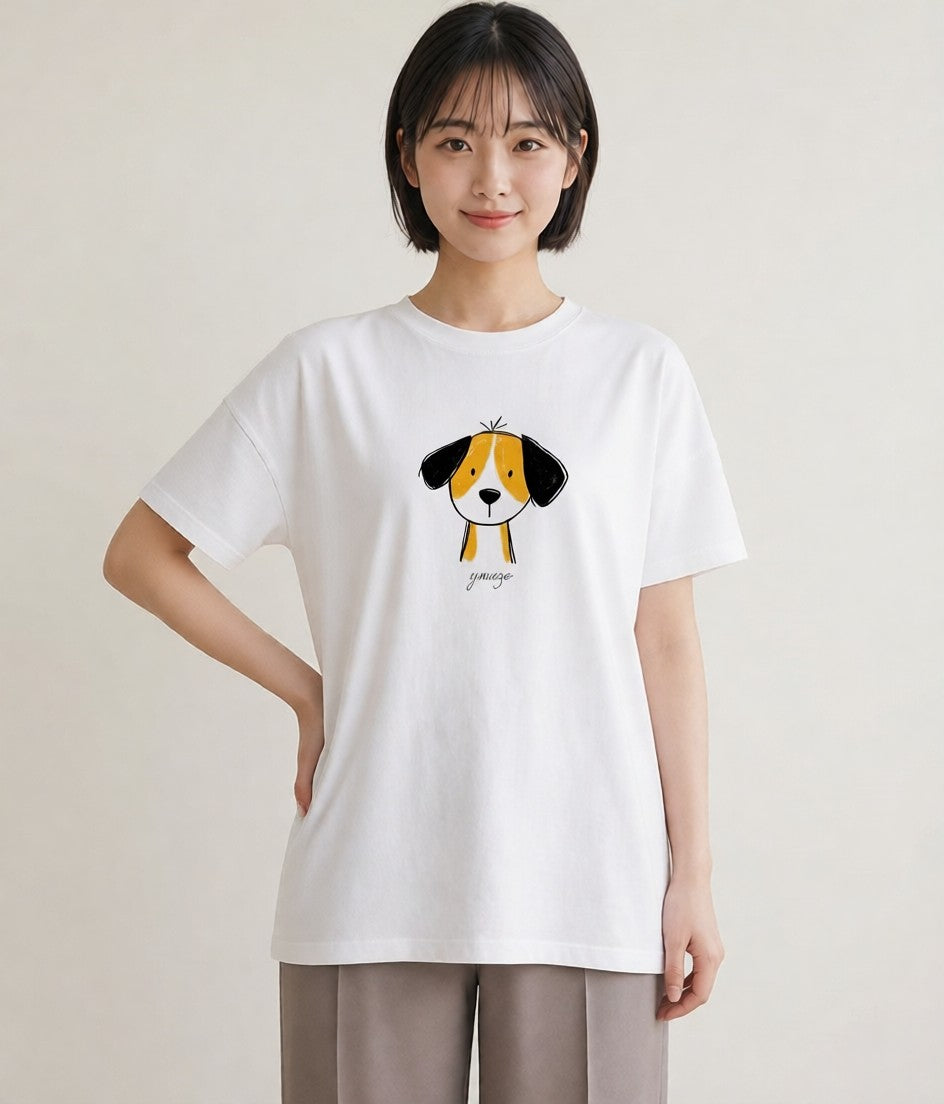 半袖Tシャツ レディース わんこ 犬 いぬ イラスト カジュアル 通勤 在宅 白T YMAZO