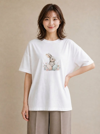 デザインTシャツ レディース ウサギ系野生 動物 アニマル イラスト シンプル お揃い 親子 白T YMAZO