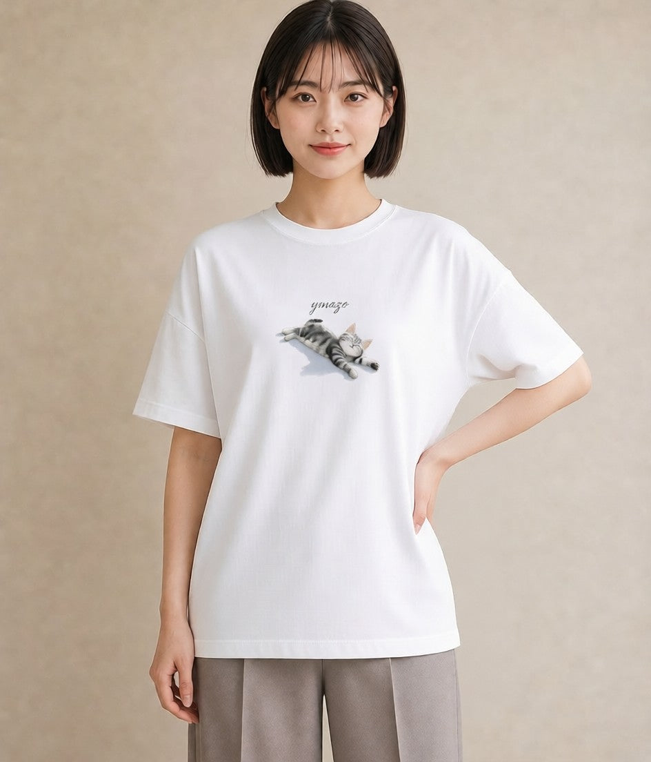 プリントTシャツ レディース ベンガル 猫 ねこ イラスト ゆるかわ 海 カフェ巡り 白T YMAZO