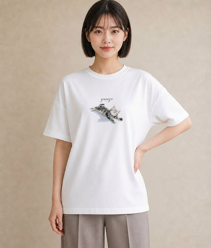 プリントTシャツ レディース ベンガル 猫 ねこ イラスト ゆるかわ 海 カフェ巡り 白T YMAZO
