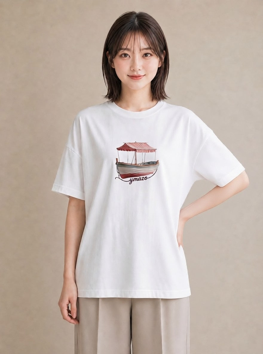 Tシャツ レディース 桟橋 水辺 波止場 ナチュラル アンティーク イラスト ママ カフェ服 白T YMAZO