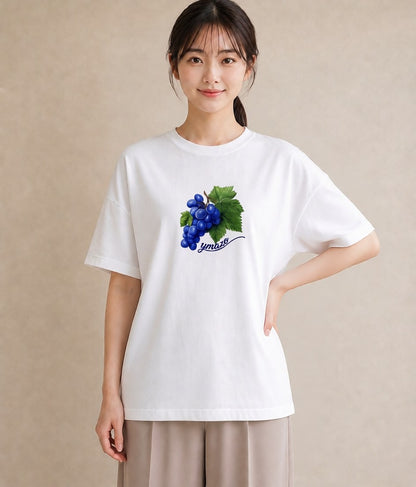 Tシャツ レディース ぶどう 葡萄 食べ物 フード イラスト カフェコーデ 春服 ミセス 白T YMAZO