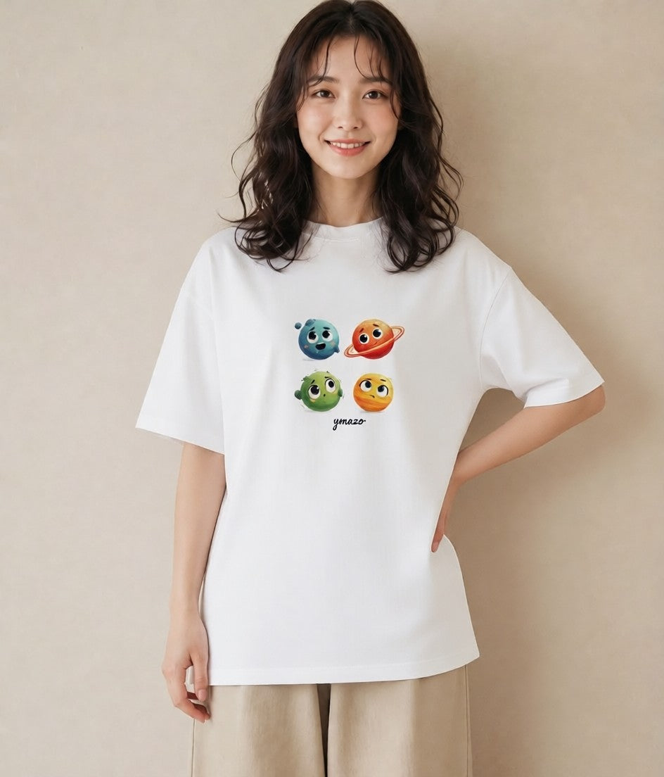 プリントTシャツ レディース 土星 星空 宇宙 イラスト 抜け感 春コーデ 姉妹 白T YMAZO