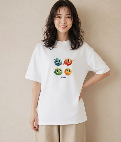 プリントTシャツ レディース 土星 星空 宇宙 イラスト 抜け感 春コーデ 姉妹 白T YMAZO