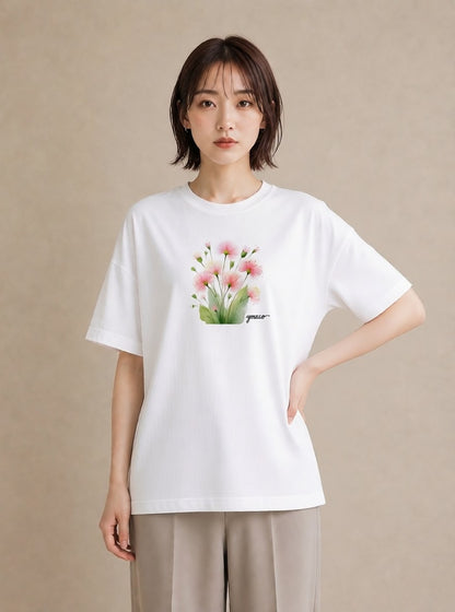 グラフィックTシャツ レディース クローバー 四つ葉 花 花柄 イラスト 線画 デート 帰省 白T YMAZO