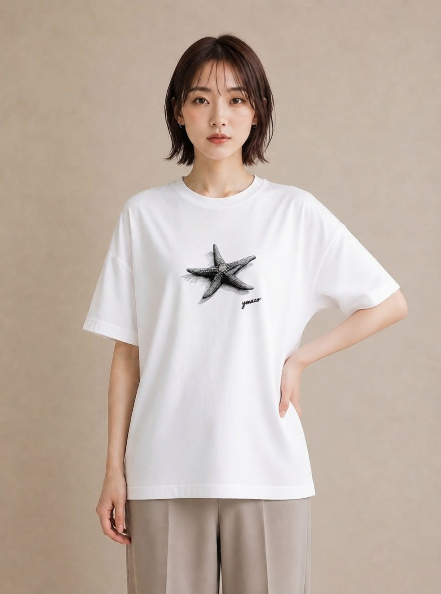 Tシャツ レディース ヒトデ 海の生き物 海 イラスト ラフカジュアル 公園 ママ 白T YMAZO