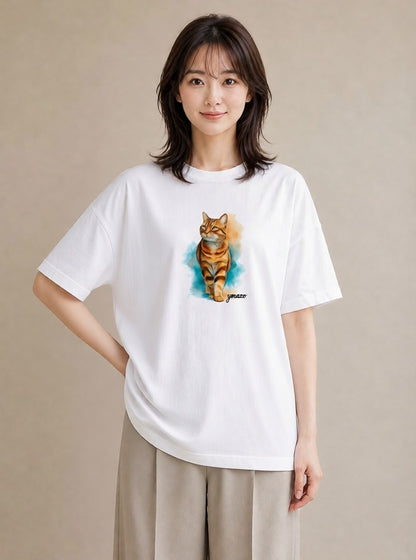 デザインTシャツ レディース おすわり猫 猫 ねこ イラスト 上品 カジュアルコーデ 買い物 白T YMAZO
