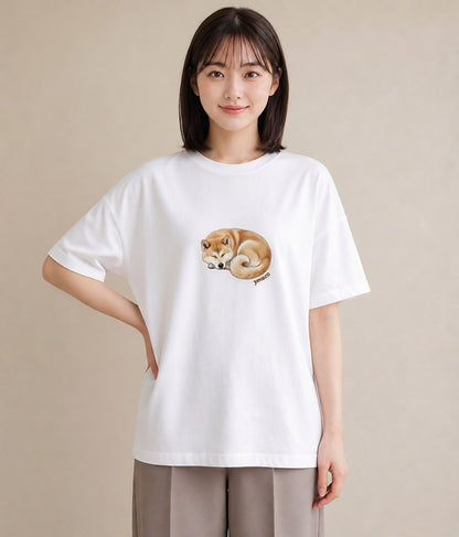 プリントTシャツ レディース 秋田犬 犬 いぬ イラスト 線画 ペアコーデ 秋コーデ 白T YMAZO