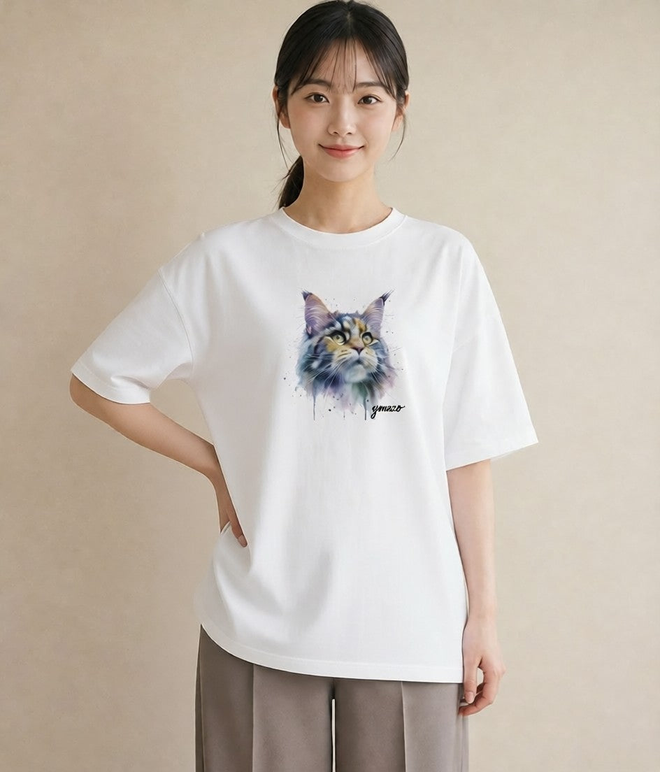 プリントTシャツ レディース サバトラ 猫 ねこ イラスト 北欧風 カフェ服 クリスマス 白T YMAZO
