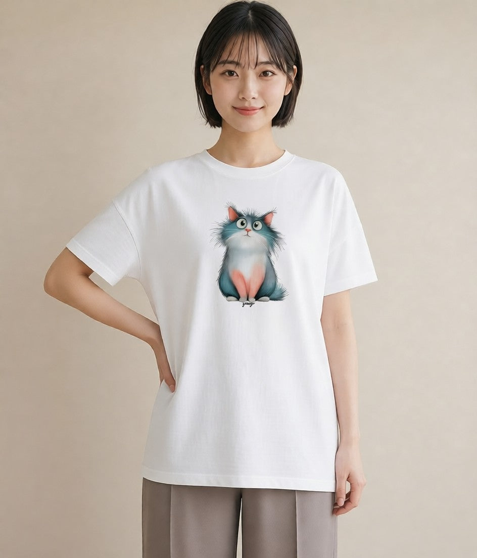 Tシャツ レディース ロシアンブルー 猫 ねこ イラスト こなれ感 ホワイトデー 春服 白T YMAZO