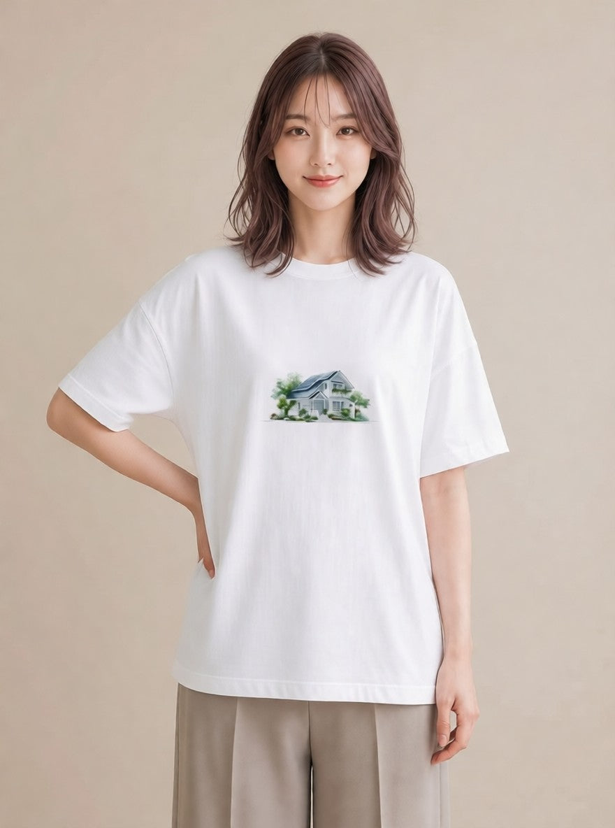 半袖Tシャツ レディース 遠い家と鳥 風景 鳥 ナチュラル アンティーク イラスト きれいめ 旅行 母娘コーデ 白T YMAZO