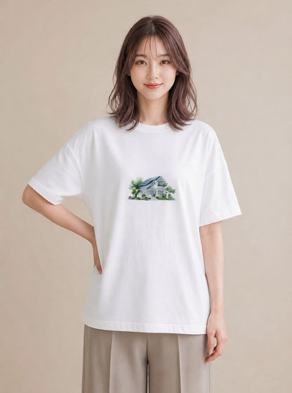 半袖Tシャツ レディース 遠い家と鳥 風景 鳥 ナチュラル アンティーク イラスト きれいめ 旅行 母娘コーデ 白T YMAZO