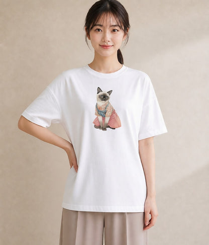 グラフィックTシャツ レディース 猫好き 猫 ねこ イラスト きれいめ 散歩 お出かけ 白T YMAZO