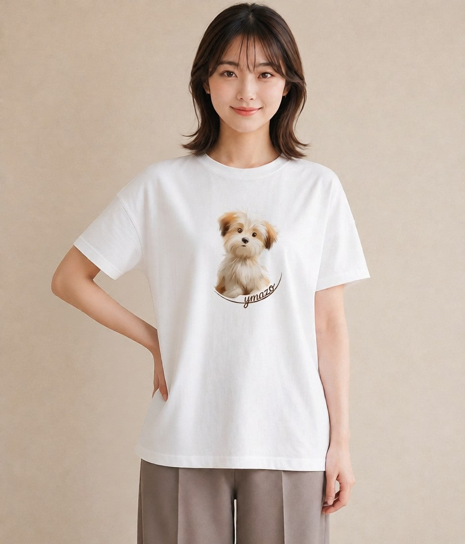 Tシャツ レディース わんちゃん 犬 いぬ イラスト ミニマル 普段着 週末コーデ 白T YMAZO