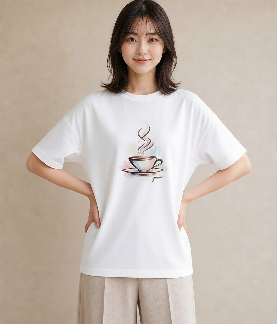 半袖Tシャツ レディース コーヒー カフェ 珈琲 イラスト ボタニカル 帰省 ラフ 白T YMAZO