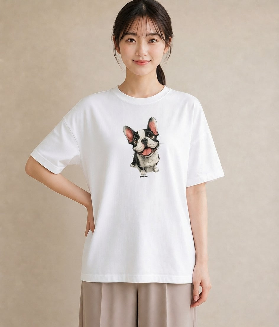 プリントTシャツ レディース フレンチブルドッグ フレブル 犬 いぬ イラスト 上品 ラフ レイヤード 白T YMAZO