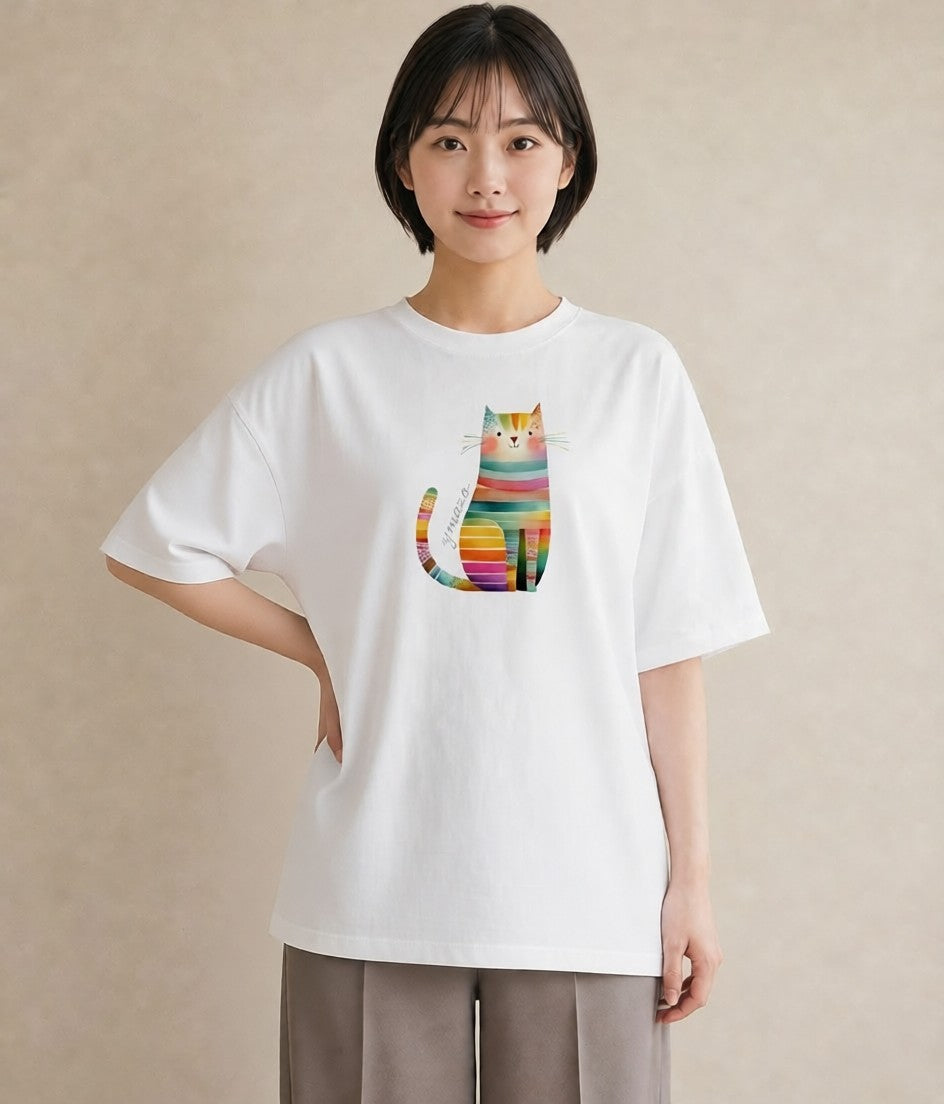 Tシャツ レディース 猫 ねこ イラスト カジュアル ミセス 春コーデ 白T YMAZO