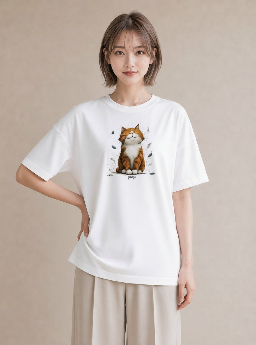 半袖Tシャツ レディース 茶トラ 茶猫 猫 ねこ イラスト シック 綿100 デート 白T YMAZO