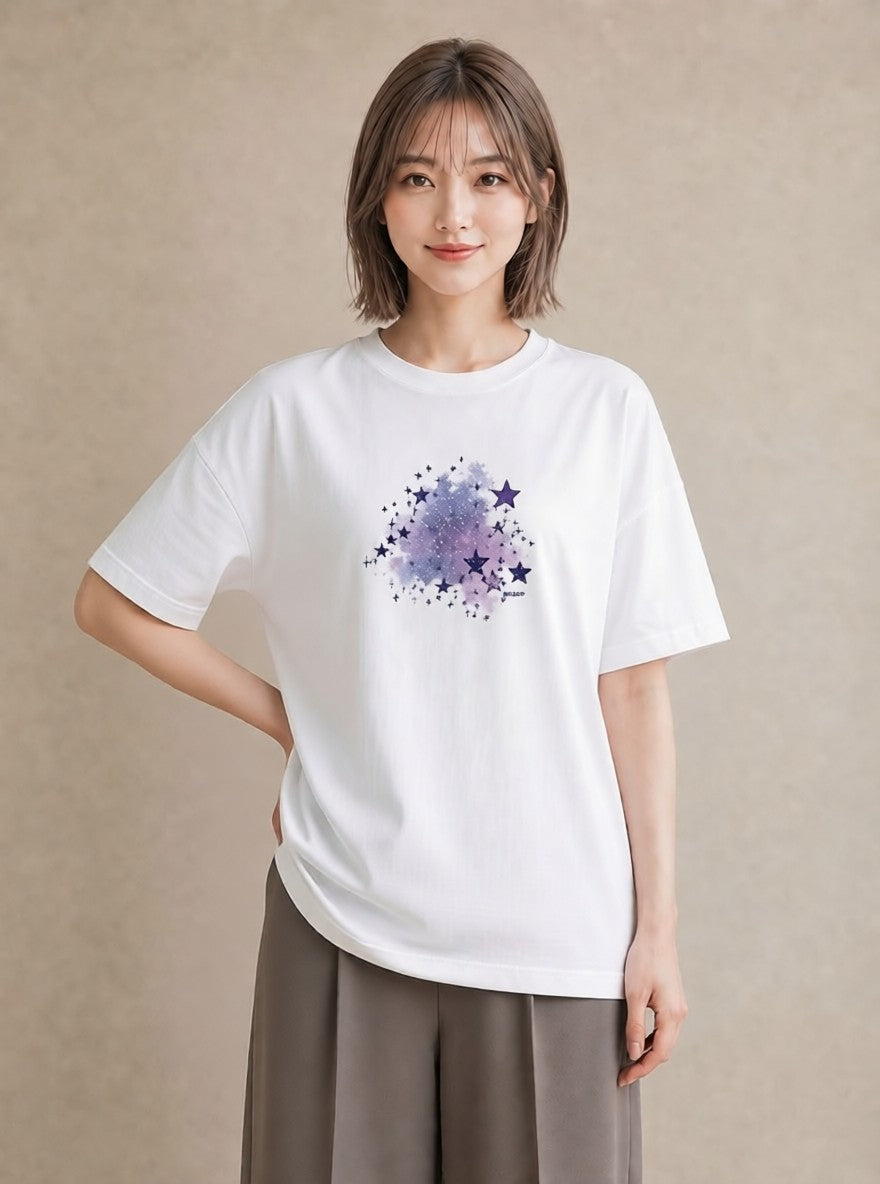 Tシャツ レディース スター 星空 宇宙 イラスト フェミニン お出かけ 普段着 白T YMAZO