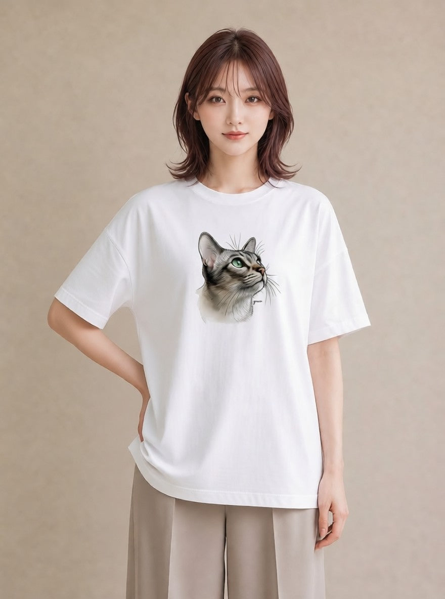 デザインTシャツ レディース アメリカンショートヘア 猫 ねこ イラスト こなれ感 秋コーデ おしゃれギフト 白T YMAZO