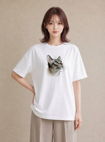 デザインTシャツ レディース アメリカンショートヘア 猫 ねこ イラスト こなれ感 秋コーデ おしゃれギフト 白T YMAZO