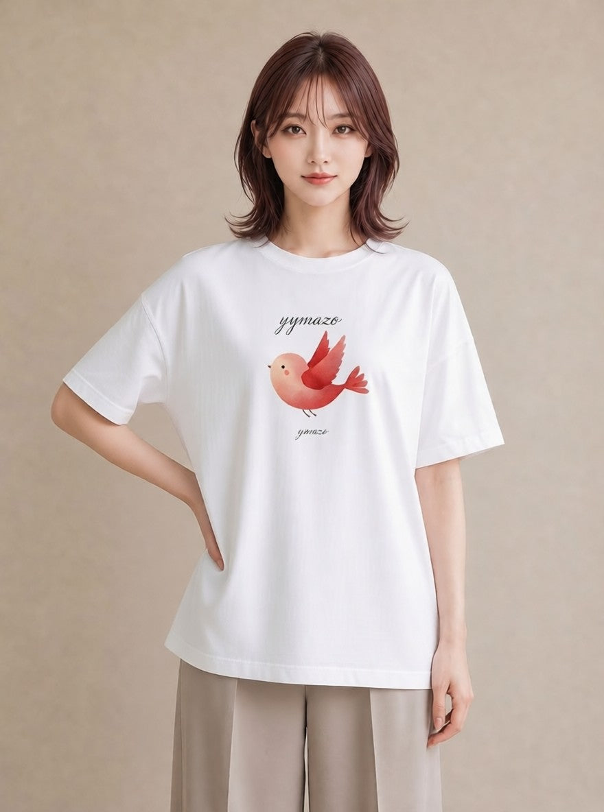 プリントTシャツ レディース 文鳥 ペット 動物 イラスト 線画 ペアコーデ 秋コーデ 白T YMAZO