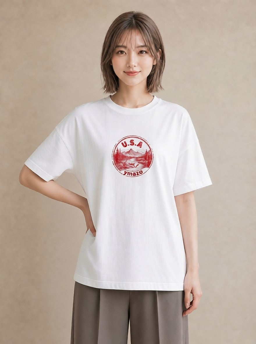 グラフィックTシャツ レディース 旅 トラベル スタンプ イラスト 韓国風 カジュアルコーデ 買い物 白T YMAZO