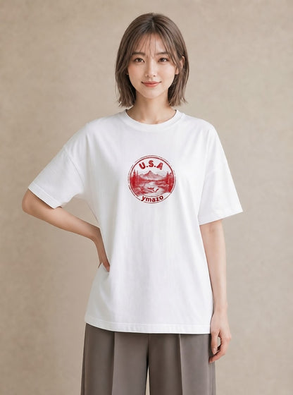 グラフィックTシャツ レディース 旅 トラベル スタンプ イラスト 韓国風 カジュアルコーデ 買い物 白T YMAZO