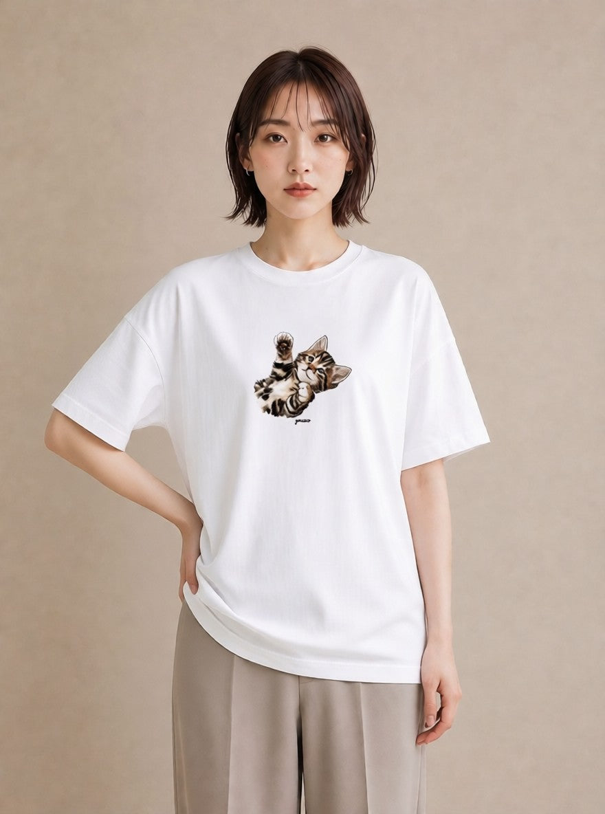 プリントTシャツ レディース ぶち猫 猫 ねこ イラスト ポップ 母娘コーデ 自分用 白T YMAZO