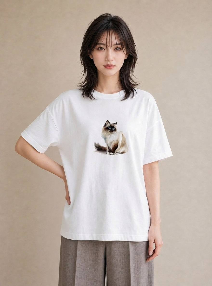 プリントTシャツ レディース おすわり猫 猫 ねこ イラスト フェミニン 普段着 週末コーデ 白T YMAZO