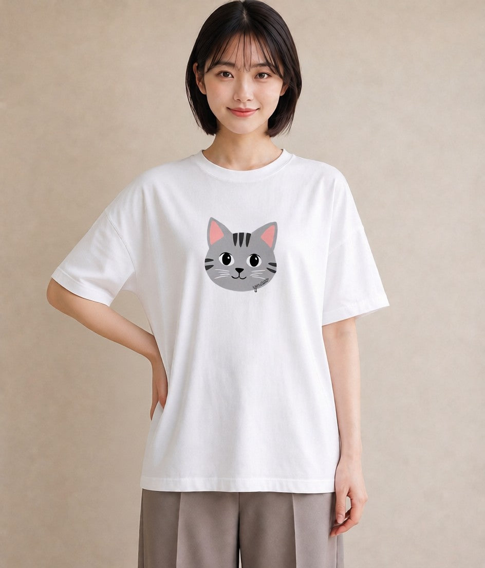 プリントTシャツ レディース サバトラ 猫 ねこ イラスト 普段使い 母娘コーデ 自分用 白T YMAZO