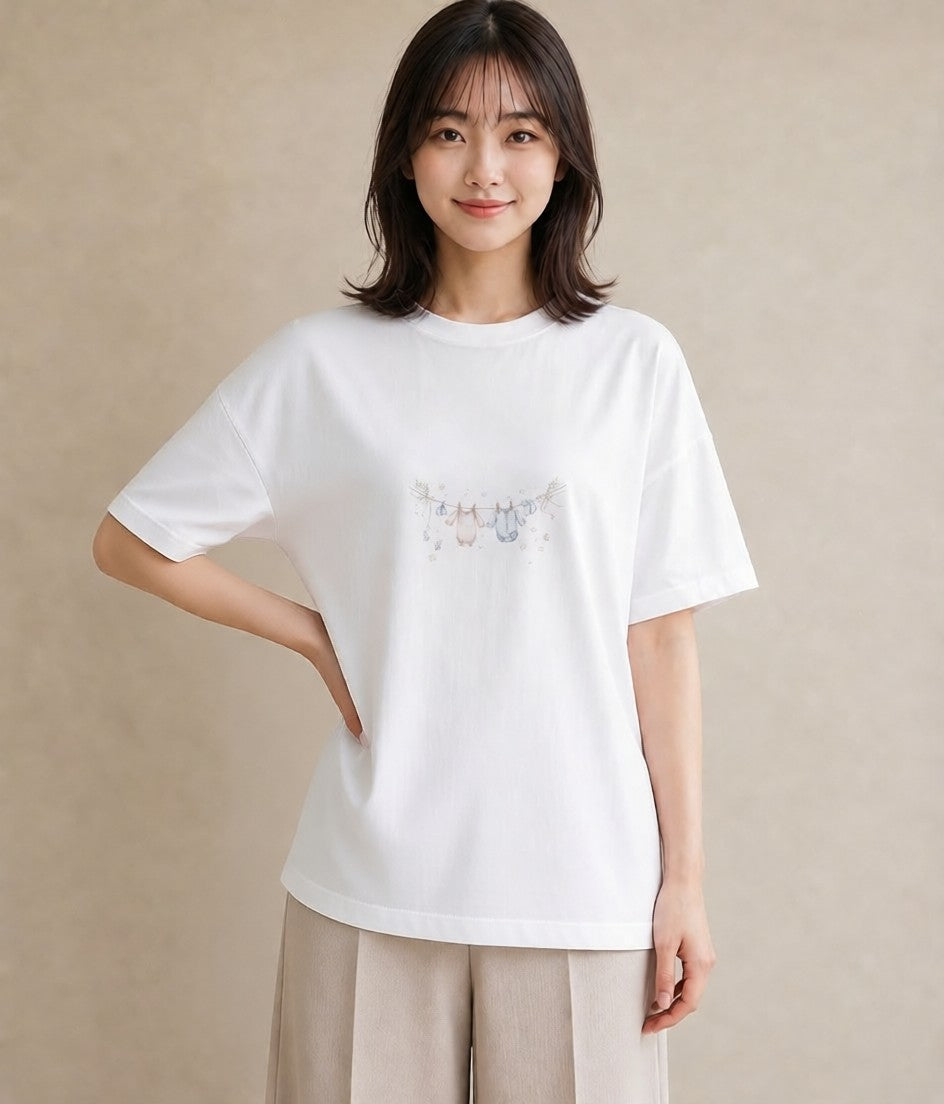 グラフィックTシャツ レディース 洗濯物 風 ナチュラル アンティーク イラスト ポップ 自分用 ルームウェア 白T YMAZO