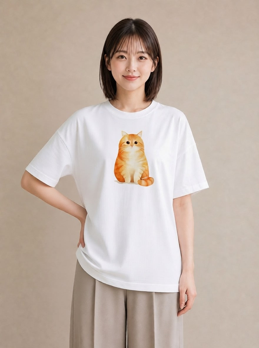 半袖Tシャツ レディース おすわり猫 猫 ねこ イラスト 手描き風 親子 20代 白T YMAZO