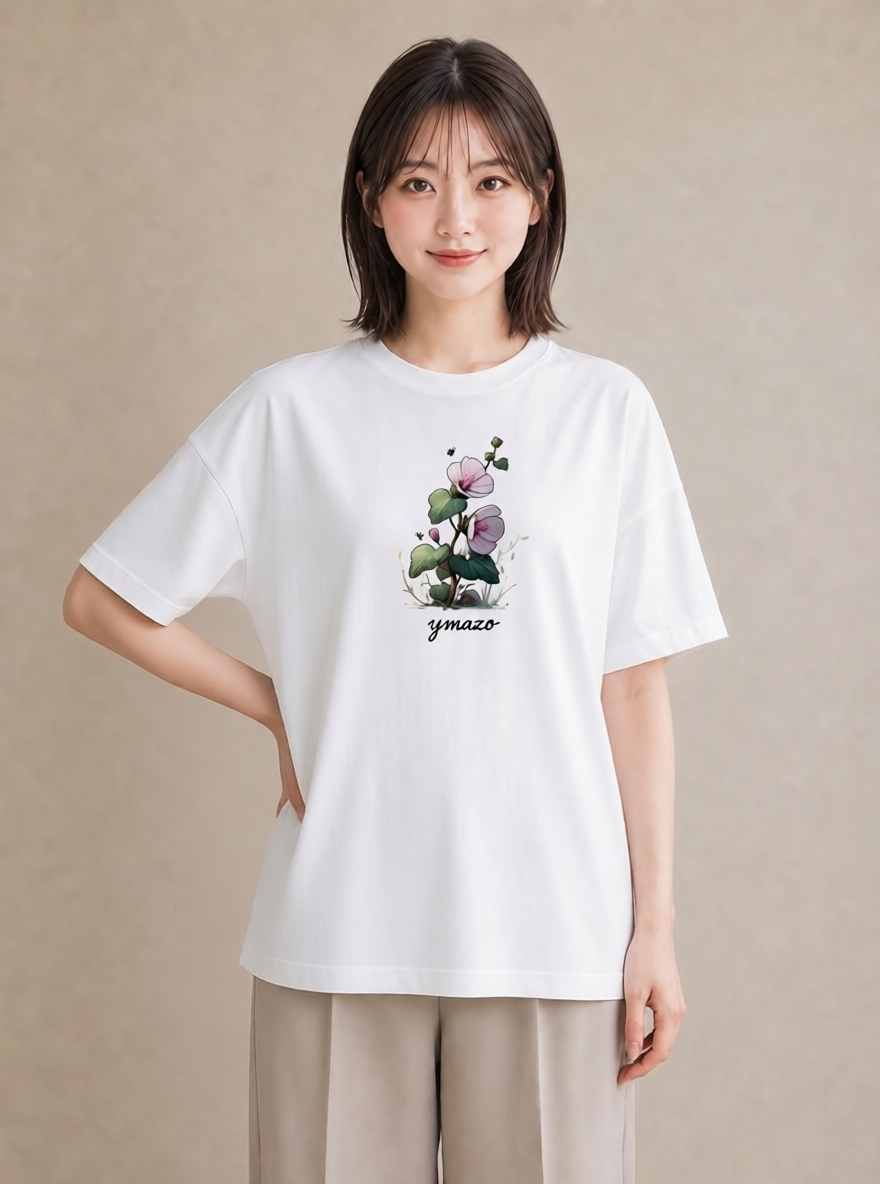 Tシャツ レディース パンジー 花 花柄 イラスト 線画 散歩 お出かけ 白T YMAZO