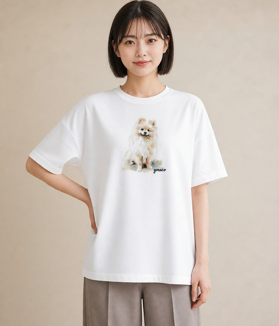 半袖Tシャツ レディース ポメラニアン ポメ 犬 いぬ イラスト ヴィンテージ風 友達ギフト 部屋着 白T YMAZO