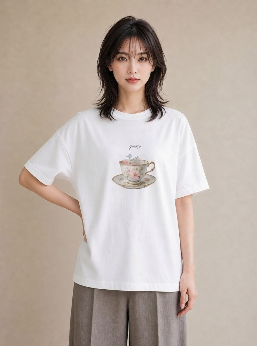 グラフィックTシャツ レディース ハーブティー 食べ物 フード イラスト ガーリー ペアコーデ 秋コーデ 白T YMAZO