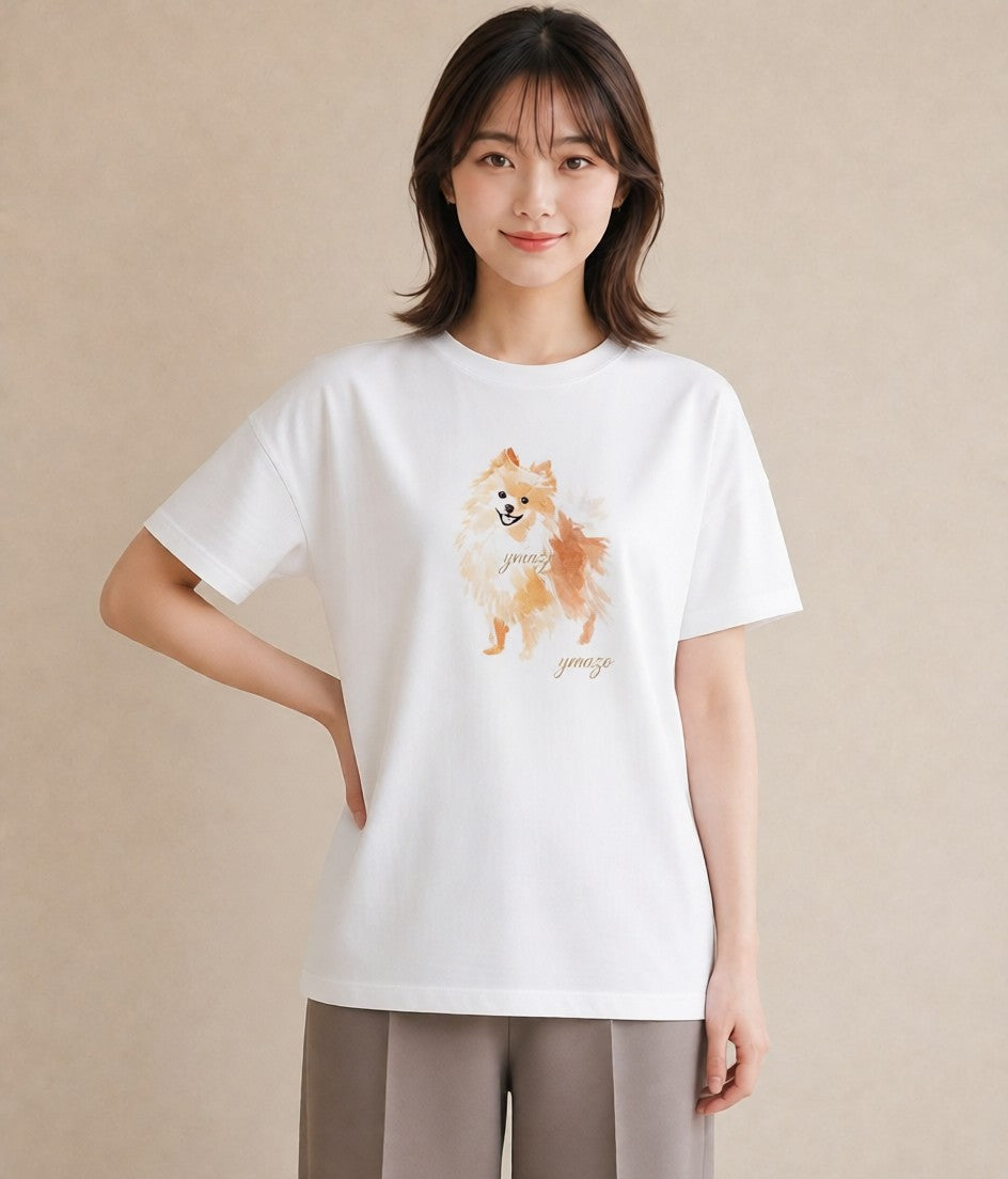 グラフィックTシャツ レディース ポメラニアン ポメ 犬 いぬ イラスト 韓国風 女性向けギフト 散歩 白T YMAZO