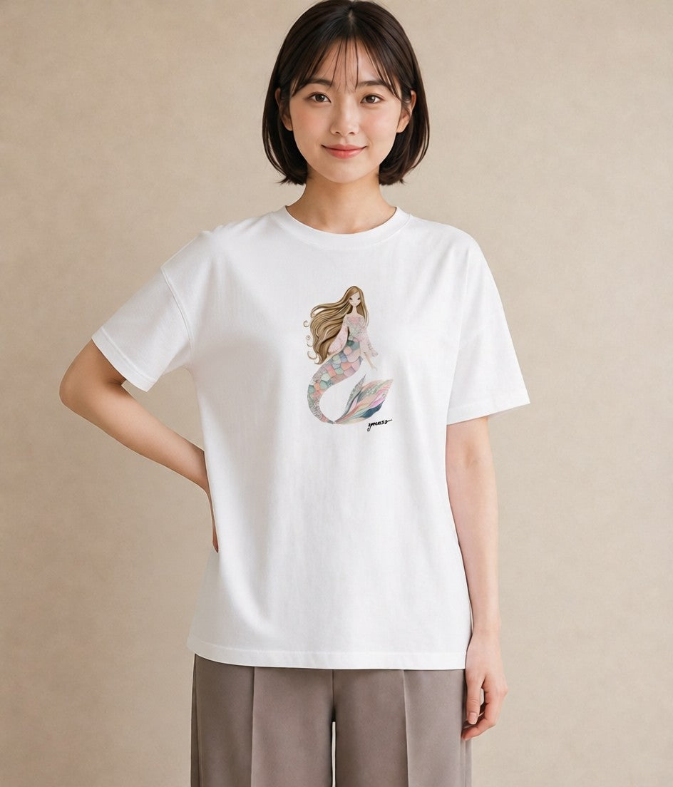 プリントTシャツ レディース 人魚 海の生き物 海 イラスト 普段使い おしゃれギフト 社会人 白T YMAZO