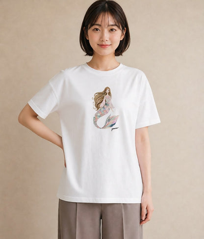 プリントTシャツ レディース 人魚 海の生き物 海 イラスト 普段使い おしゃれギフト 社会人 白T YMAZO