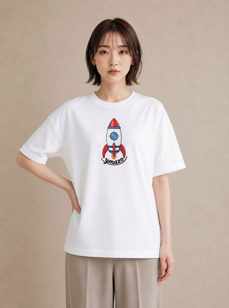 Tシャツ レディース ロケット 星空 宇宙 イラスト ヴィンテージ風 普段着 週末コーデ 白T YMAZO