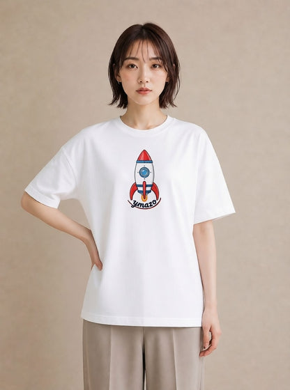 Tシャツ レディース ロケット 星空 宇宙 イラスト ヴィンテージ風 普段着 週末コーデ 白T YMAZO