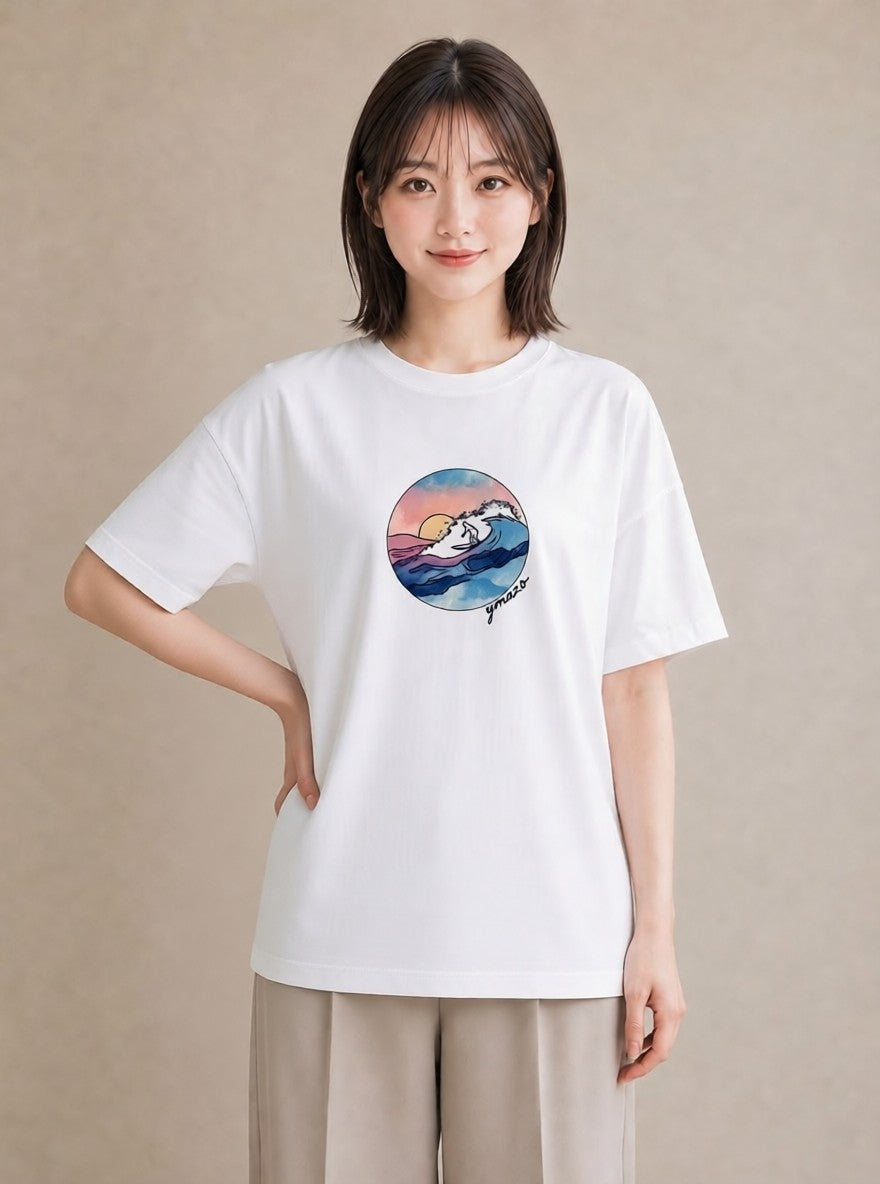 半袖Tシャツ レディース 波 星空 宇宙 イラスト 水彩風 おしゃれギフト 社会人 白T YMAZO