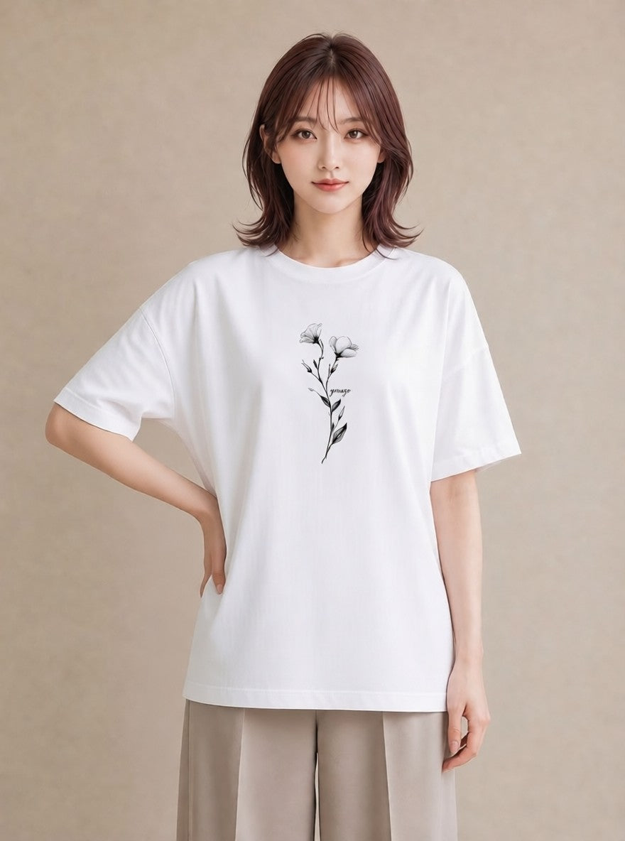 グラフィックTシャツ レディース 小花 花 フラワー イラスト ヴィンテージ風 送別ギフト 通勤 白T YMAZO