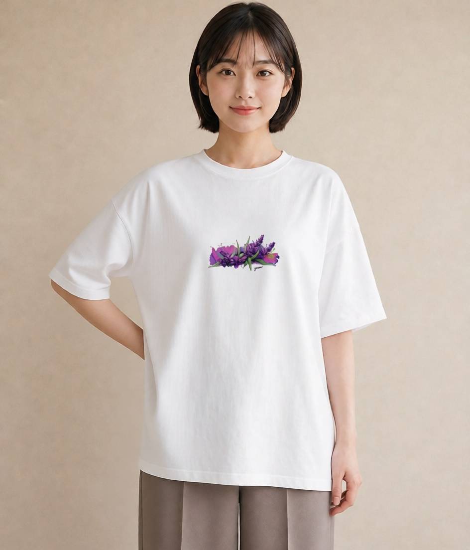 グラフィックTシャツ レディース ラベンダー 花 花柄 イラスト ヴィンテージ風 デート 帰省 白T YMAZO