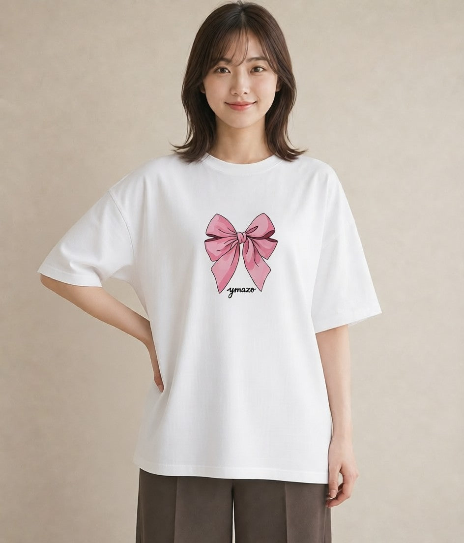 Tシャツ レディース リボン 蝶結び ナチュラル アンティーク イラスト ヴィンテージ風 女性 旅行用 白T YMAZO