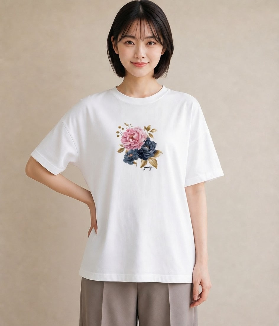 Tシャツ レディース 牡丹 花 花柄 イラスト お洒落 週末コーデ 敬老の日 白T YMAZO
