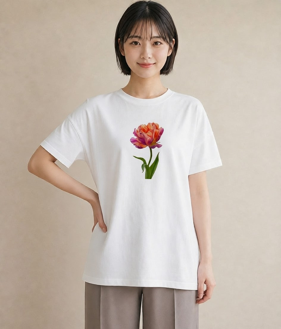 プリントTシャツ レディース チューリップ 花 花柄 イラスト シック ミセス 春コーデ 白T YMAZO